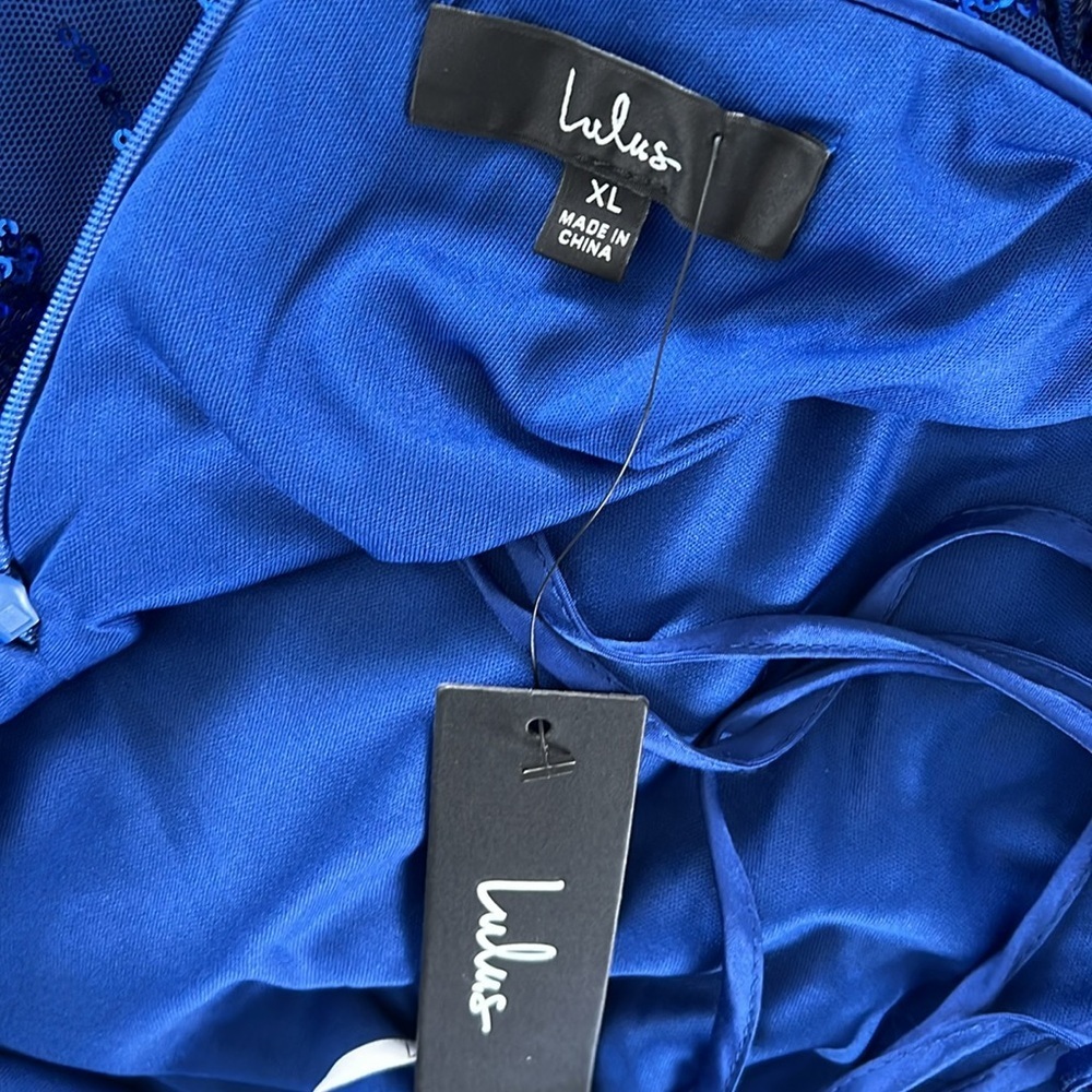 Lulu's Cobalt Blue Sequin Photo Finish High-Low Maxi Dress Gown Size X-Large New - Picture 3 of 15